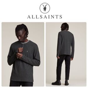 All Saints Drucker Henley Black Long Sleeve Waffle Textured Shirt in Dark Grey